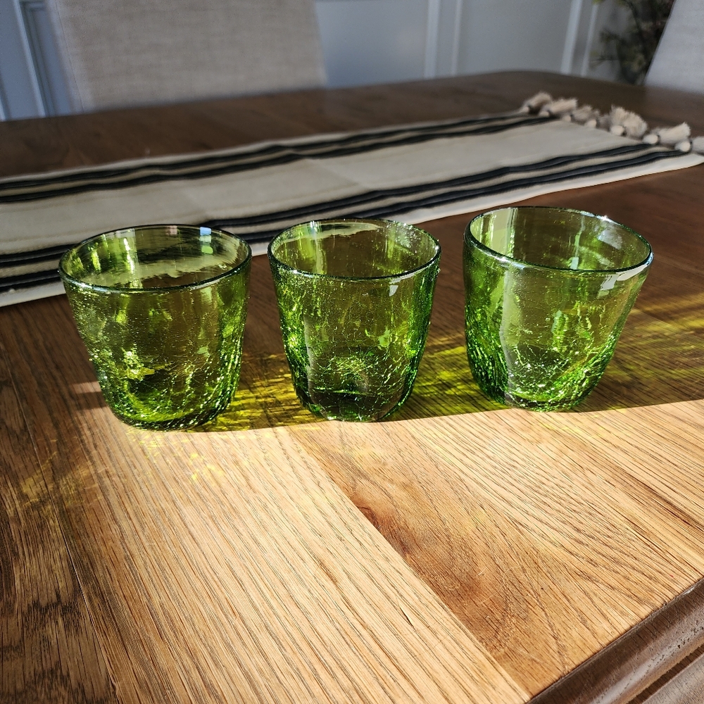 Vtg Blenko Crackle Glass tumblers set of 3 pinched dimpled aprox 3 1/2" olive gr